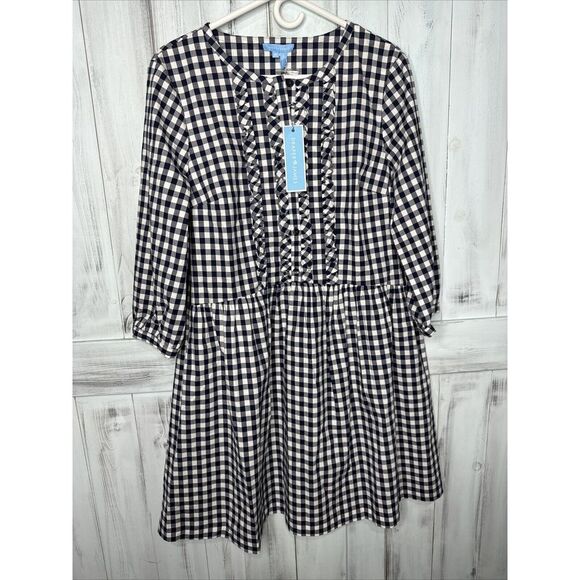 Draper James Dresses & Skirts - NWT DRAPER JAMES NAVY BLUE GINGHAM CHECK RUFFLE TRIM COTTON BLEND SHIRT DRESS M